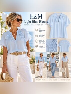 H&M Light Blue Pleated Flutter Sleeve Blouse Size Small Coastal Romantic